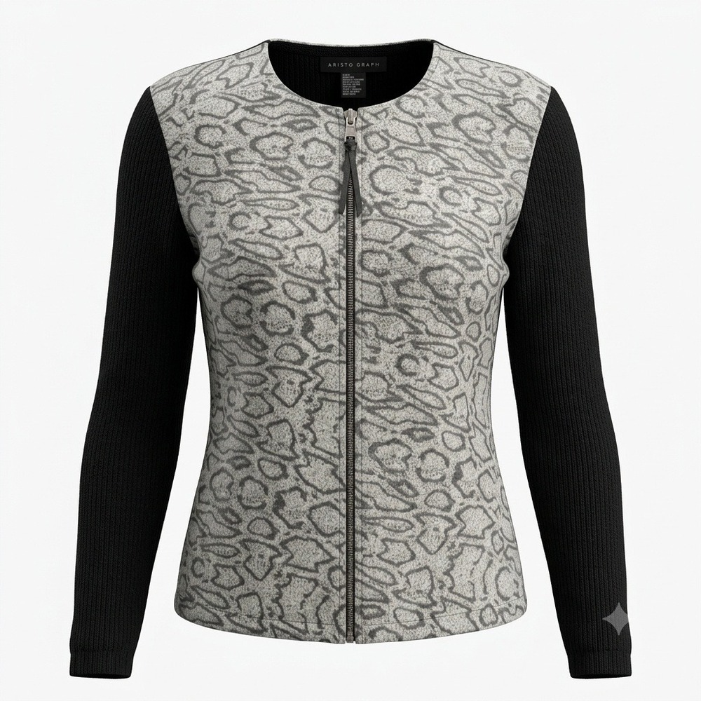 Maurice Sasson Snakeskin Leather Front Zip Up Jacket Knit Sleeves Black/ White S
